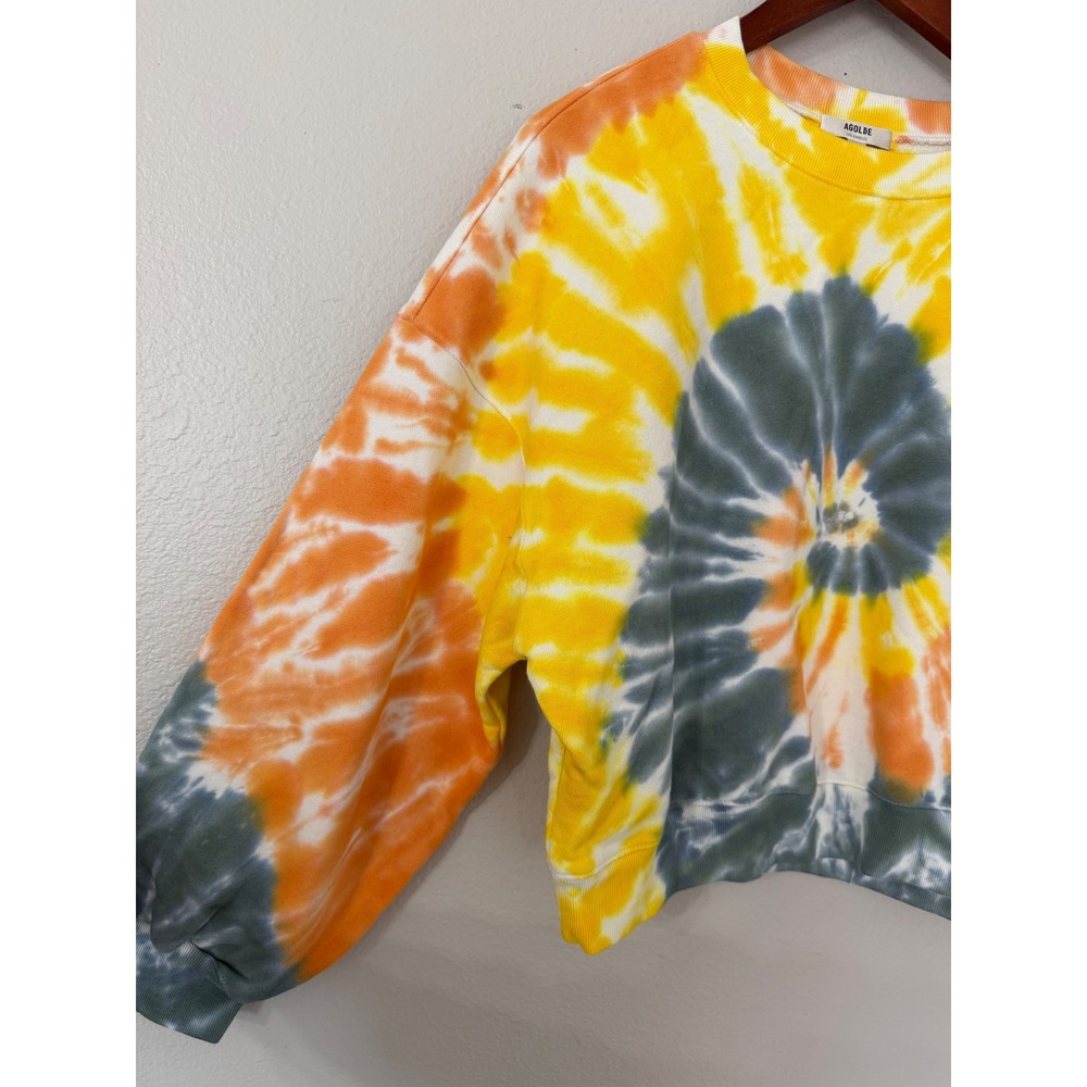 AGOLDE Tie Dye Balloon Sleeve Sweatshirt Cotton Orange Yellow Grey Crop‎ Medium - Picture 2 of 6